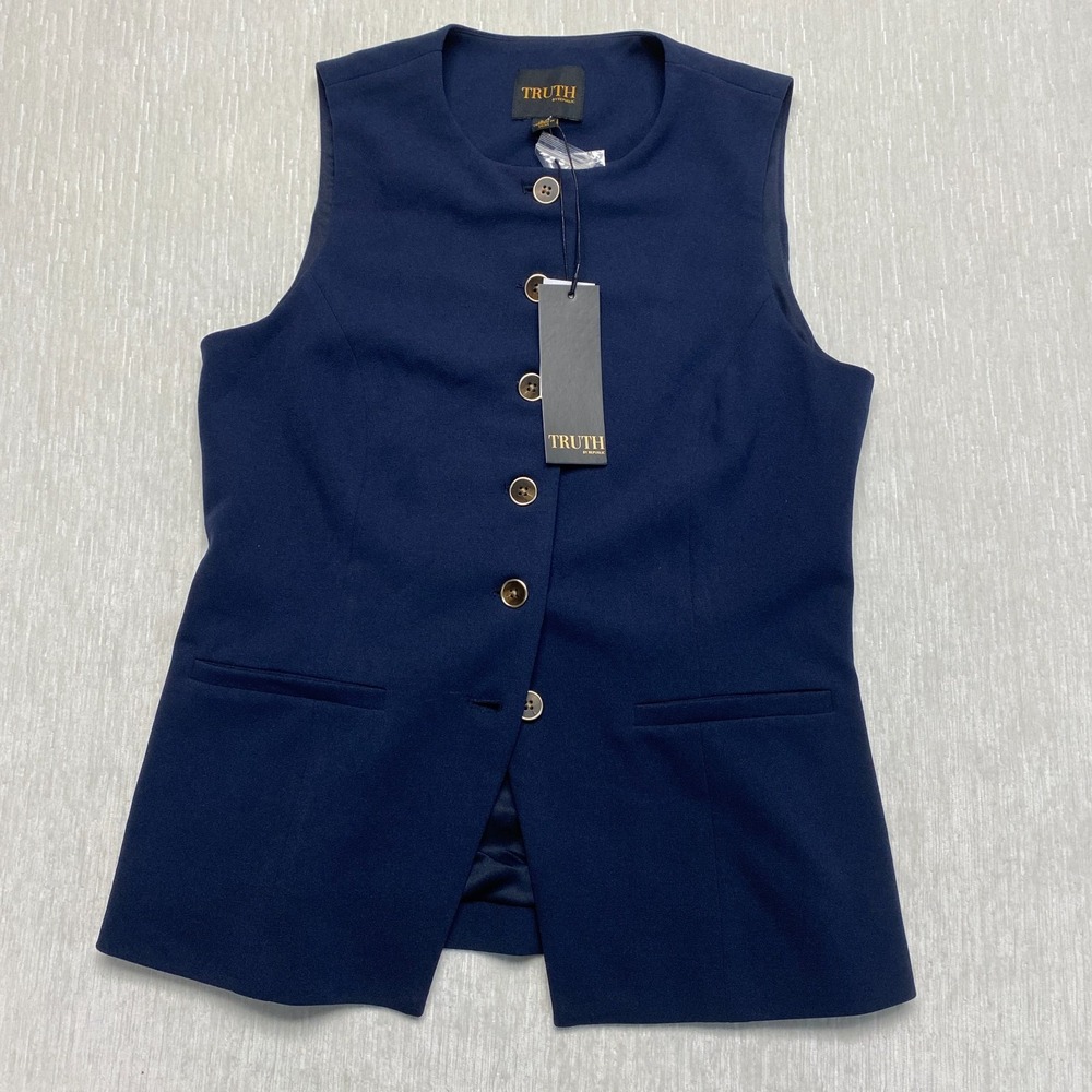 Truth by Republic Tailored Vest Women Small Navy Blue Stretch Lined Button Front
